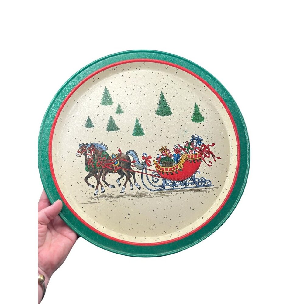 Vintage 1988 Potpourri Press Metal Christmas Tray Sleigh Ride 13.5” Round